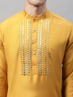 Jompers Men's Mustard Cotton Silk Mirror Work Kurta Pyjama | Grocsy