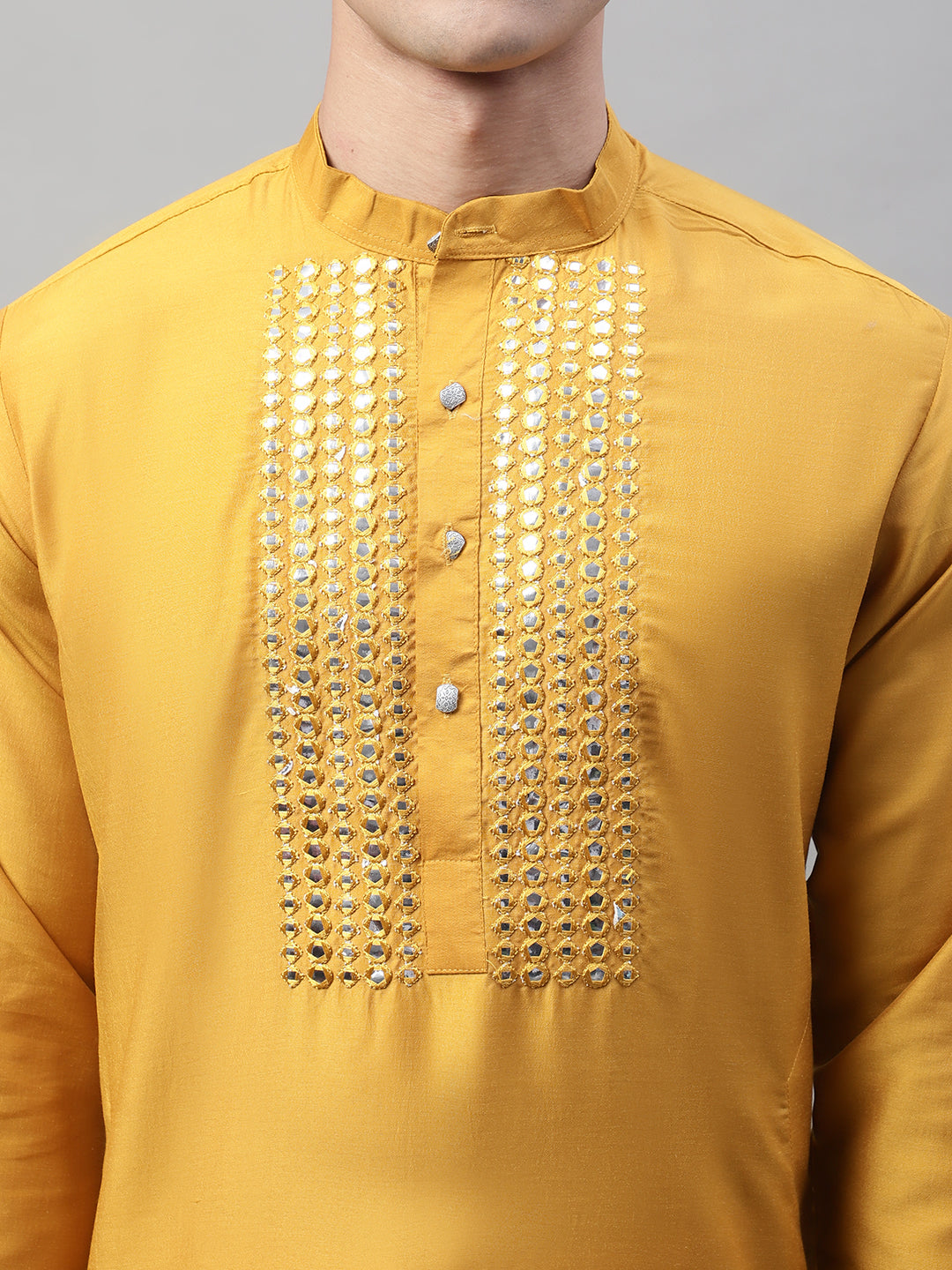 Jompers Men's Mustard Cotton Silk Mirror Work Kurta Pyjama | Grocsy
