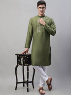 Jompers Men's Olive Green Cotton Silk Mirror Work Kurta Pyjama | Grocsy