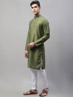 Jompers Men's Olive Green Cotton Silk Mirror Work Kurta Pyjama | Grocsy
