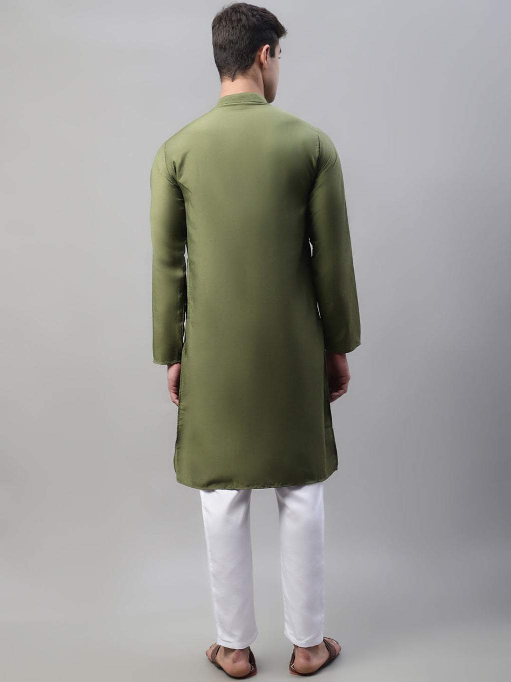 Jompers Men's Olive Green Cotton Silk Mirror Work Kurta Pyjama | Grocsy