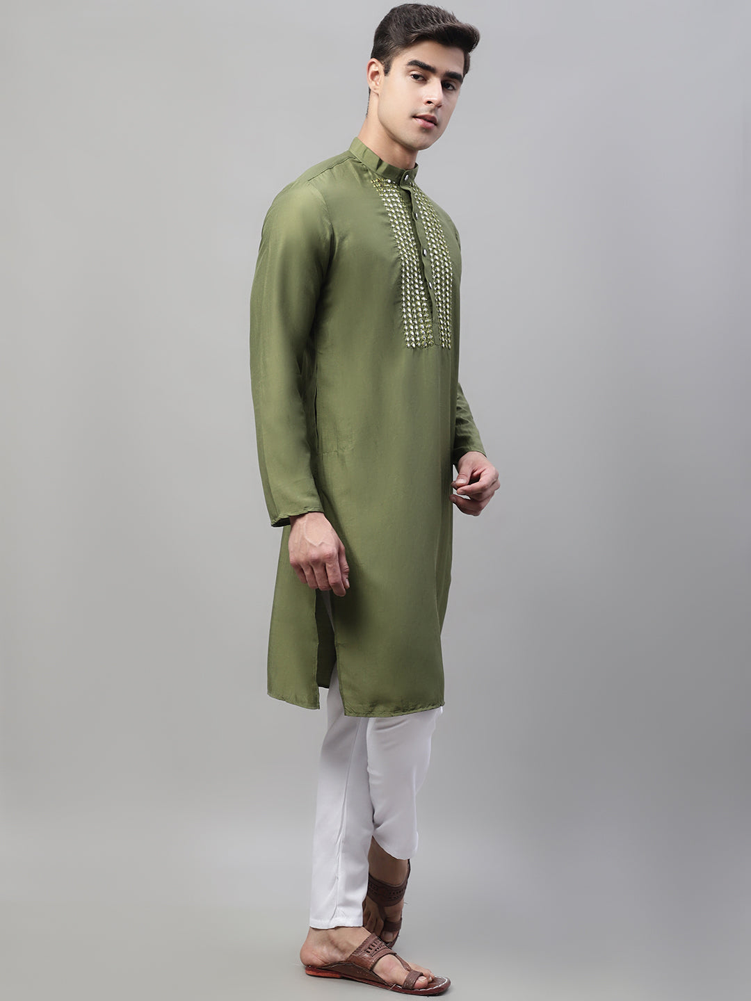 Jompers Men's Olive Green Cotton Silk Mirror Work Kurta Pyjama | Grocsy