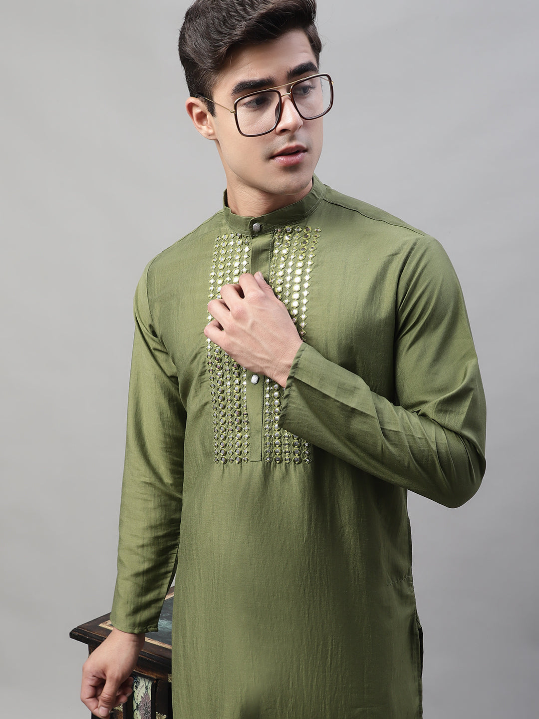 Jompers Men's Olive Green Cotton Silk Mirror Work Kurta Pyjama | Grocsy