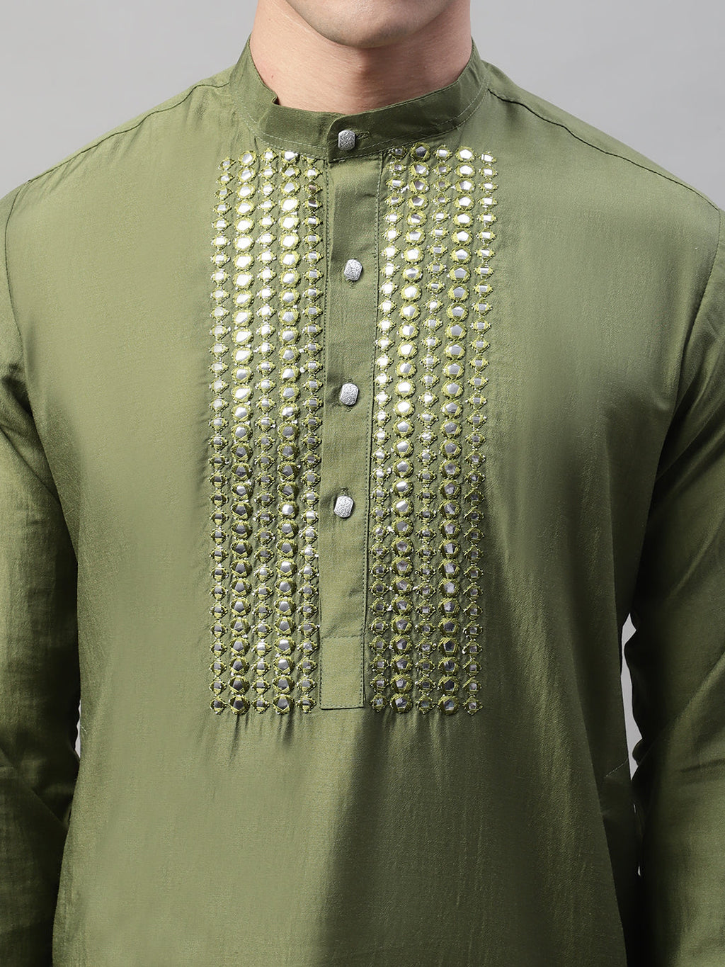 Jompers Men's Olive Green Cotton Silk Mirror Work Kurta Pyjama | Grocsy