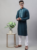 Jompers Men's Teal Blue Cotton Silk Mirror Work Kurta Pyjama | Grocsy