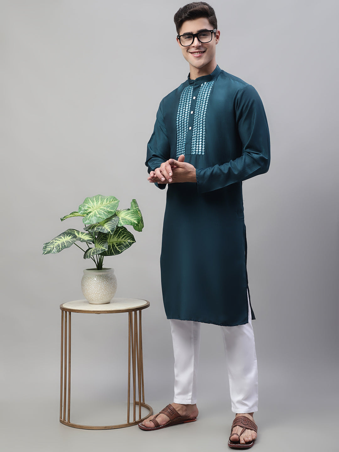 Jompers Men's Teal Blue Cotton Silk Mirror Work Kurta Pyjama | Grocsy