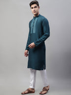 Jompers Men's Teal Blue Cotton Silk Mirror Work Kurta Pyjama | Grocsy
