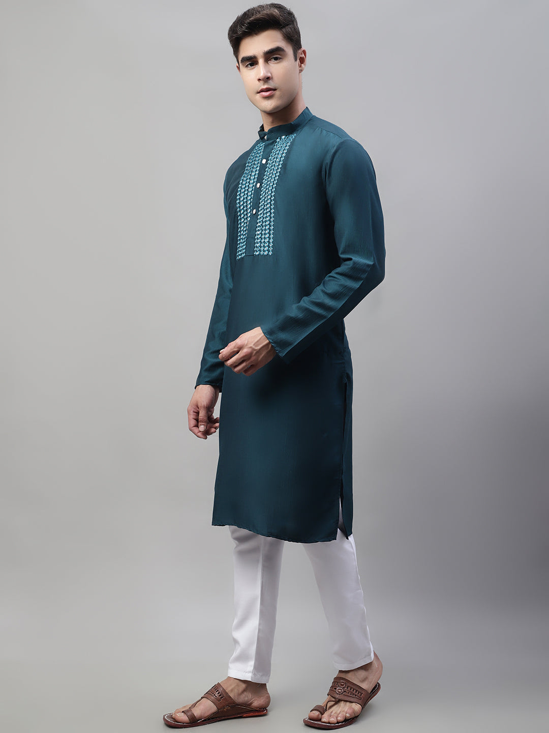 Jompers Men's Teal Blue Cotton Silk Mirror Work Kurta Pyjama | Grocsy