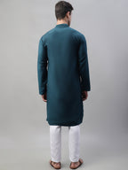 Jompers Men's Teal Blue Cotton Silk Mirror Work Kurta Pyjama | Grocsy