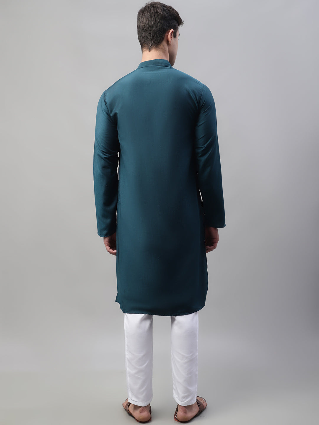 Jompers Men's Teal Blue Cotton Silk Mirror Work Kurta Pyjama | Grocsy