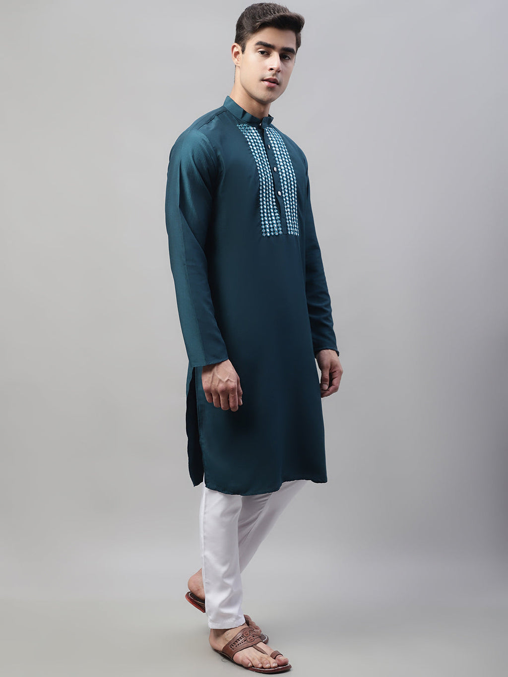 Jompers Men's Teal Blue Cotton Silk Mirror Work Kurta Pyjama | Grocsy