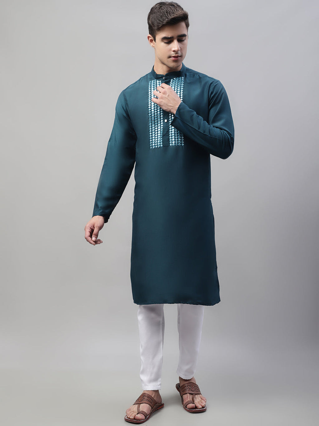 Jompers Men's Teal Blue Cotton Silk Mirror Work Kurta Pyjama | Grocsy