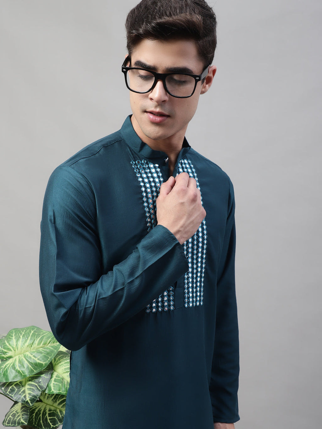 Jompers Men's Teal Blue Cotton Silk Mirror Work Kurta Pyjama | Grocsy
