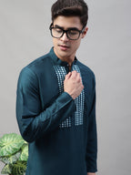 Jompers Men's Teal Blue Cotton Silk Mirror Work Kurta Pyjama | Grocsy