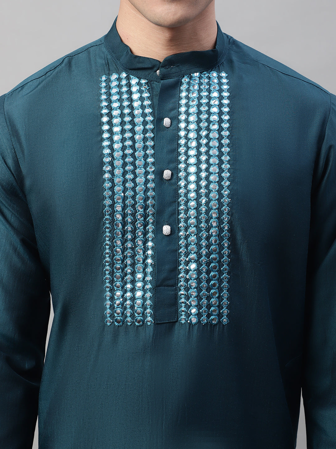 Jompers Men's Teal Blue Cotton Silk Mirror Work Kurta Pyjama | Grocsy