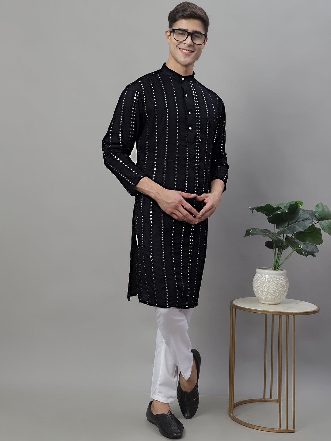 Jompers Men's Embroidered Mirror Work Kurta Payjama Sets - Black | Grocsy