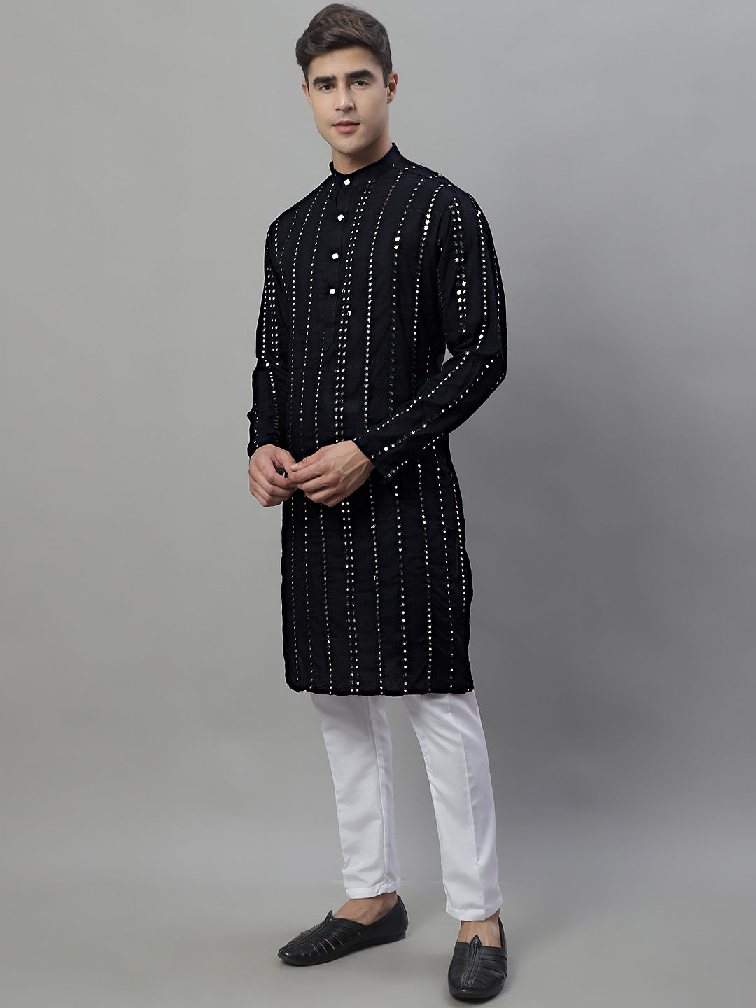 Jompers Men's Embroidered Mirror Work Kurta Payjama Sets - Black | Grocsy