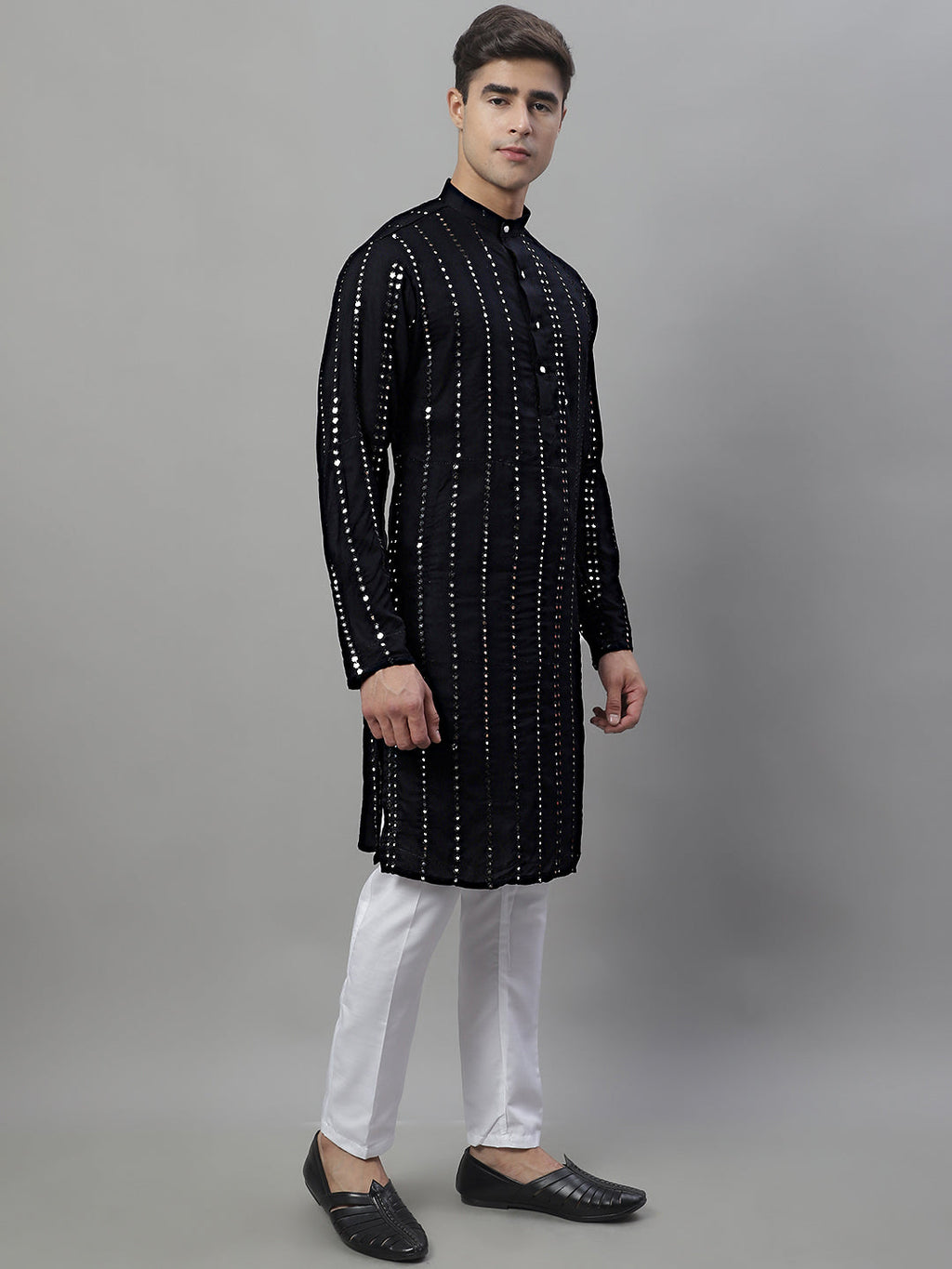 Jompers Men's Embroidered Mirror Work Kurta Payjama Sets - Black | Grocsy