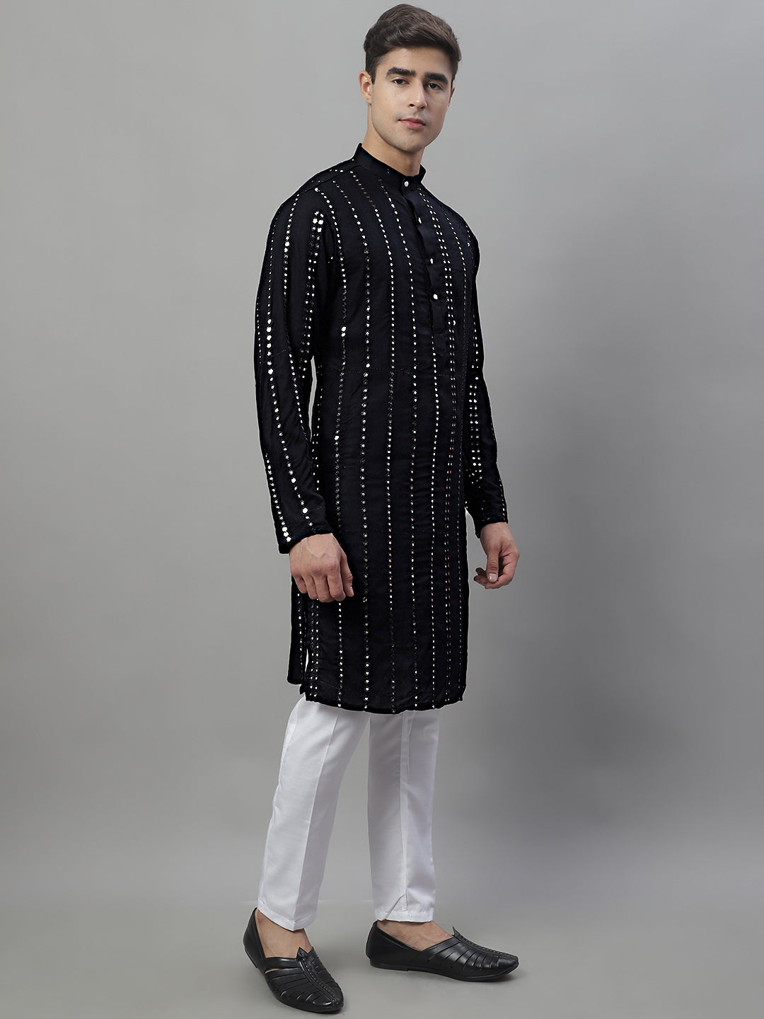 Jompers Men's Embroidered Mirror Work Kurta Payjama Sets - Black | Grocsy