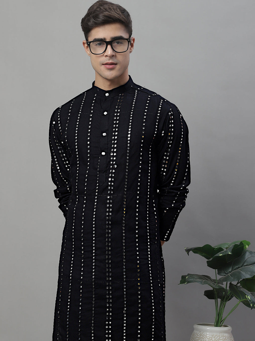 Jompers Men's Embroidered Mirror Work Kurta Payjama Sets - Black | Grocsy