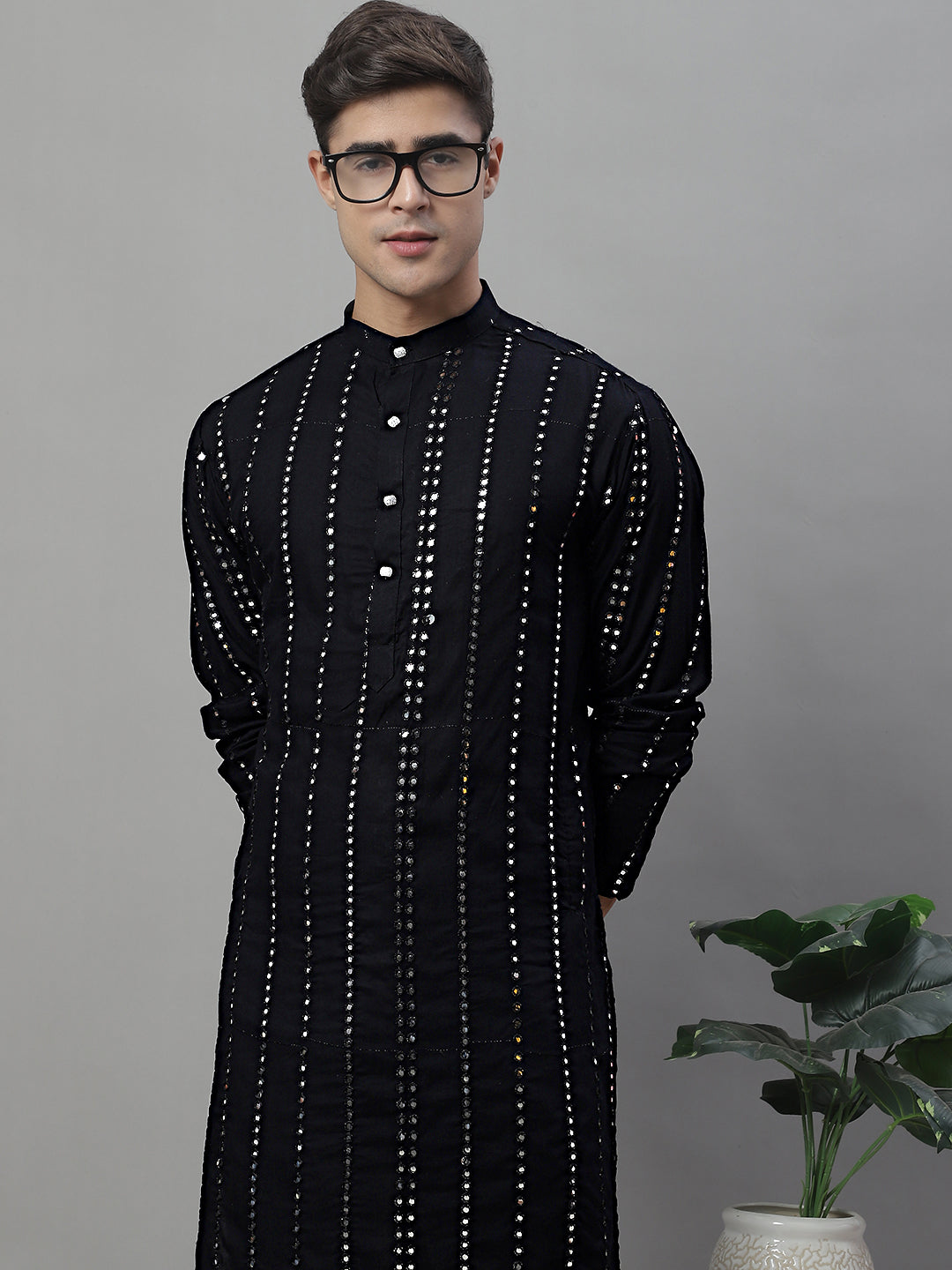 Jompers Men's Embroidered Mirror Work Kurta Payjama Sets - Black | Grocsy