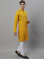 Jompers Men's Embroidered Mirror Work Kurta Payjama Sets - Mustard | Grocsy
