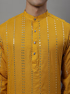 Jompers Men's Embroidered Mirror Work Kurta Payjama Sets - Mustard | Grocsy