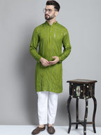 Jompers Men's Embroidered Mirror Work Kurta Payjama Sets - Olive | Grocsy