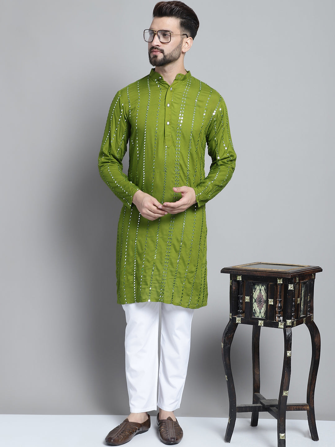 Jompers Men's Embroidered Mirror Work Kurta Payjama Sets - Olive | Grocsy