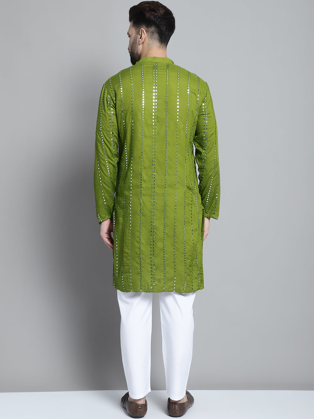 Jompers Men's Embroidered Mirror Work Kurta Payjama Sets - Olive | Grocsy