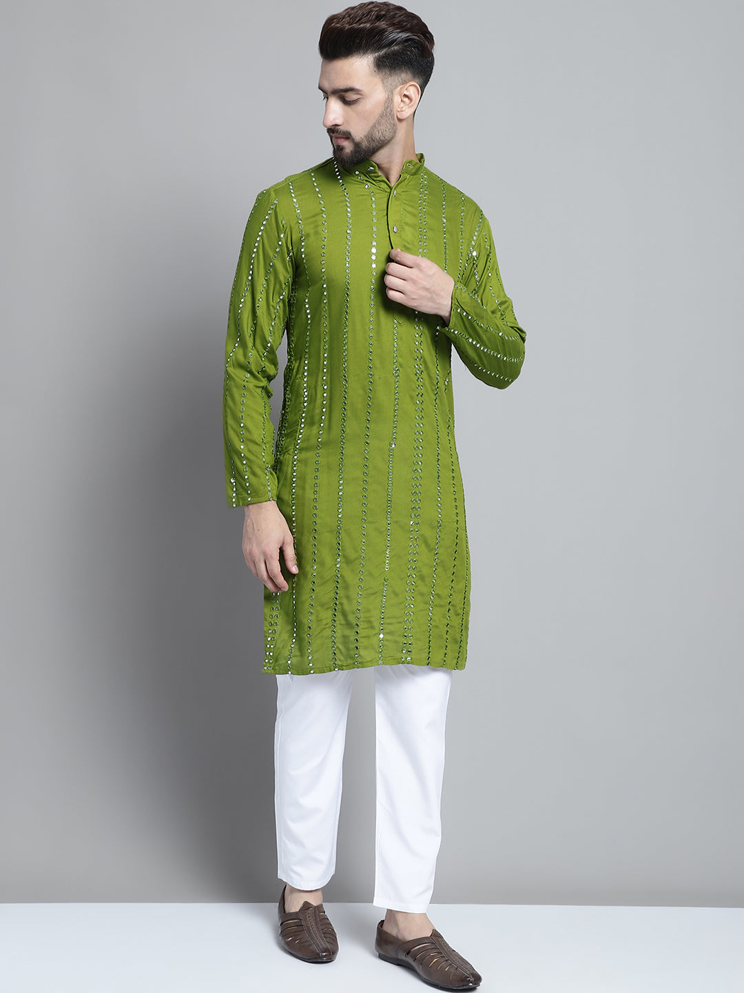 Jompers Men's Embroidered Mirror Work Kurta Payjama Sets - Olive | Grocsy