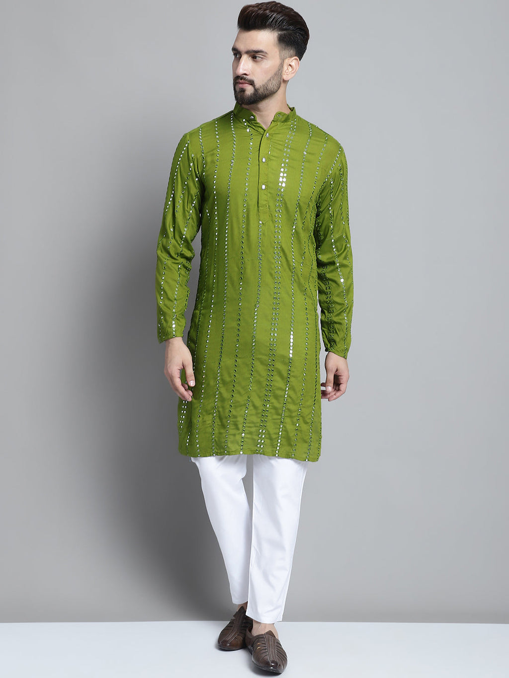 Jompers Men's Embroidered Mirror Work Kurta Payjama Sets - Olive | Grocsy