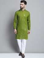 Jompers Men's Embroidered Mirror Work Kurta Payjama Sets - Olive | Grocsy