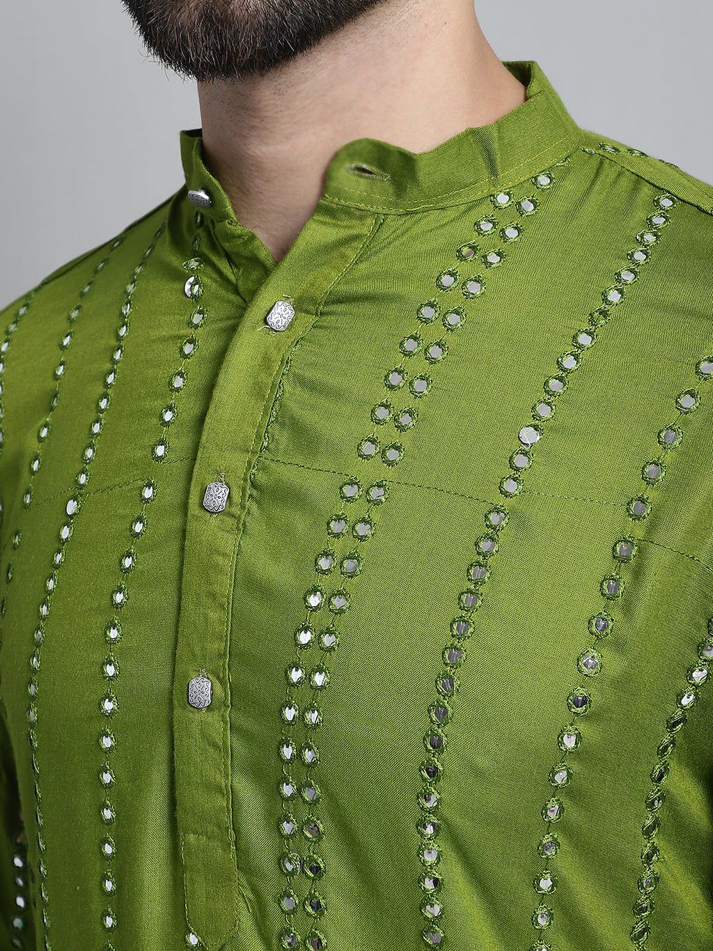 Jompers Men's Embroidered Mirror Work Kurta Payjama Sets - Olive | Grocsy