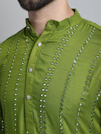 Jompers Men's Embroidered Mirror Work Kurta Payjama Sets - Olive | Grocsy