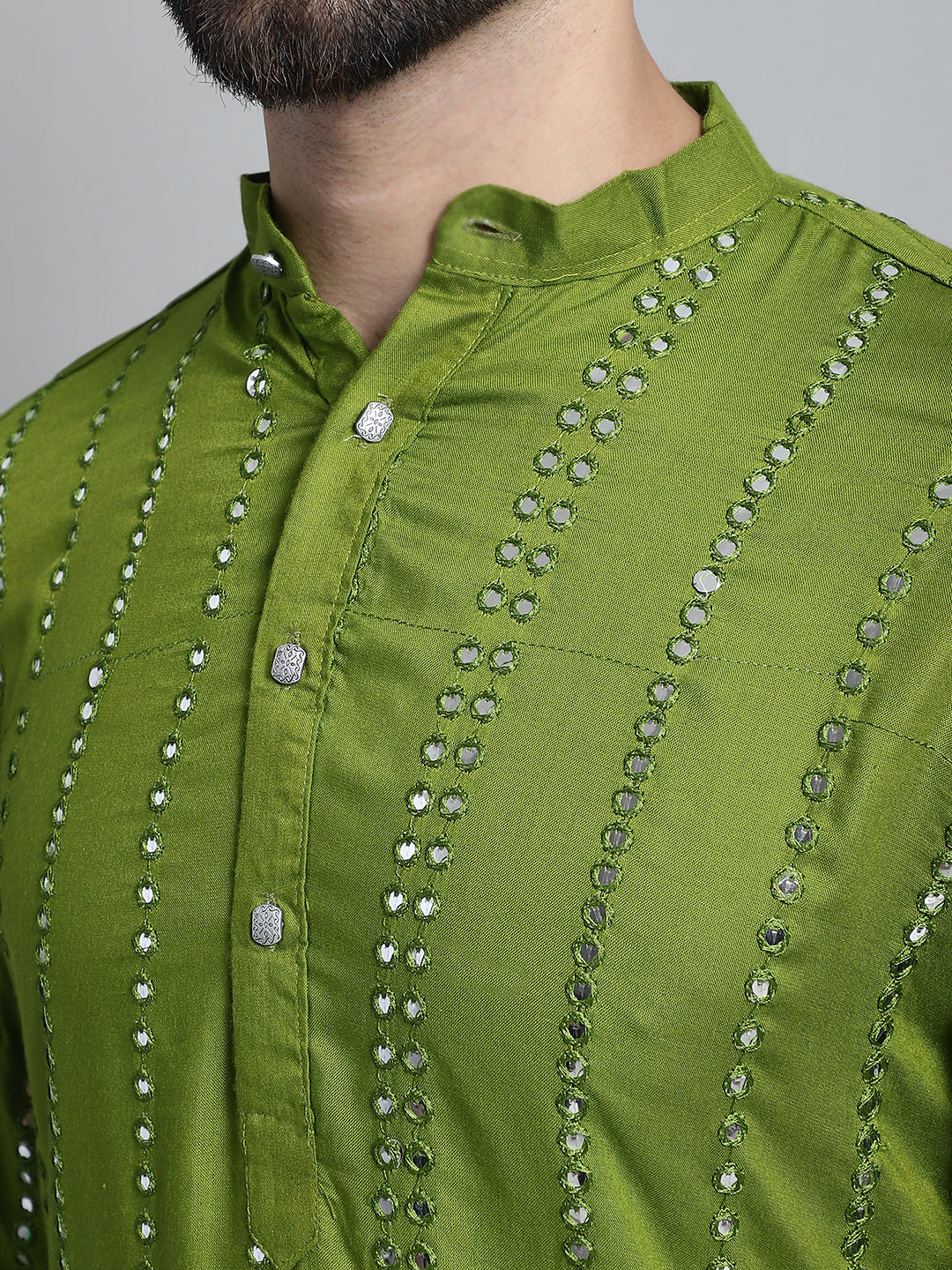 Jompers Men's Embroidered Mirror Work Kurta Payjama Sets - Olive | Grocsy