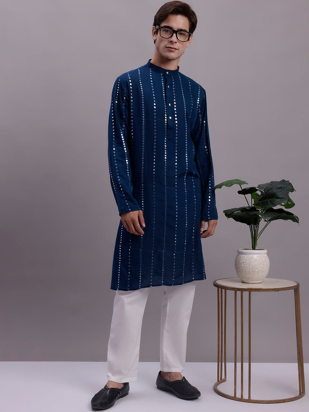 Jompers Men's Embroidered Mirror Work Kurta Payjama Sets - Peacock | Grocsy