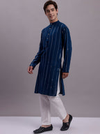 Jompers Men's Embroidered Mirror Work Kurta Payjama Sets - Peacock | Grocsy