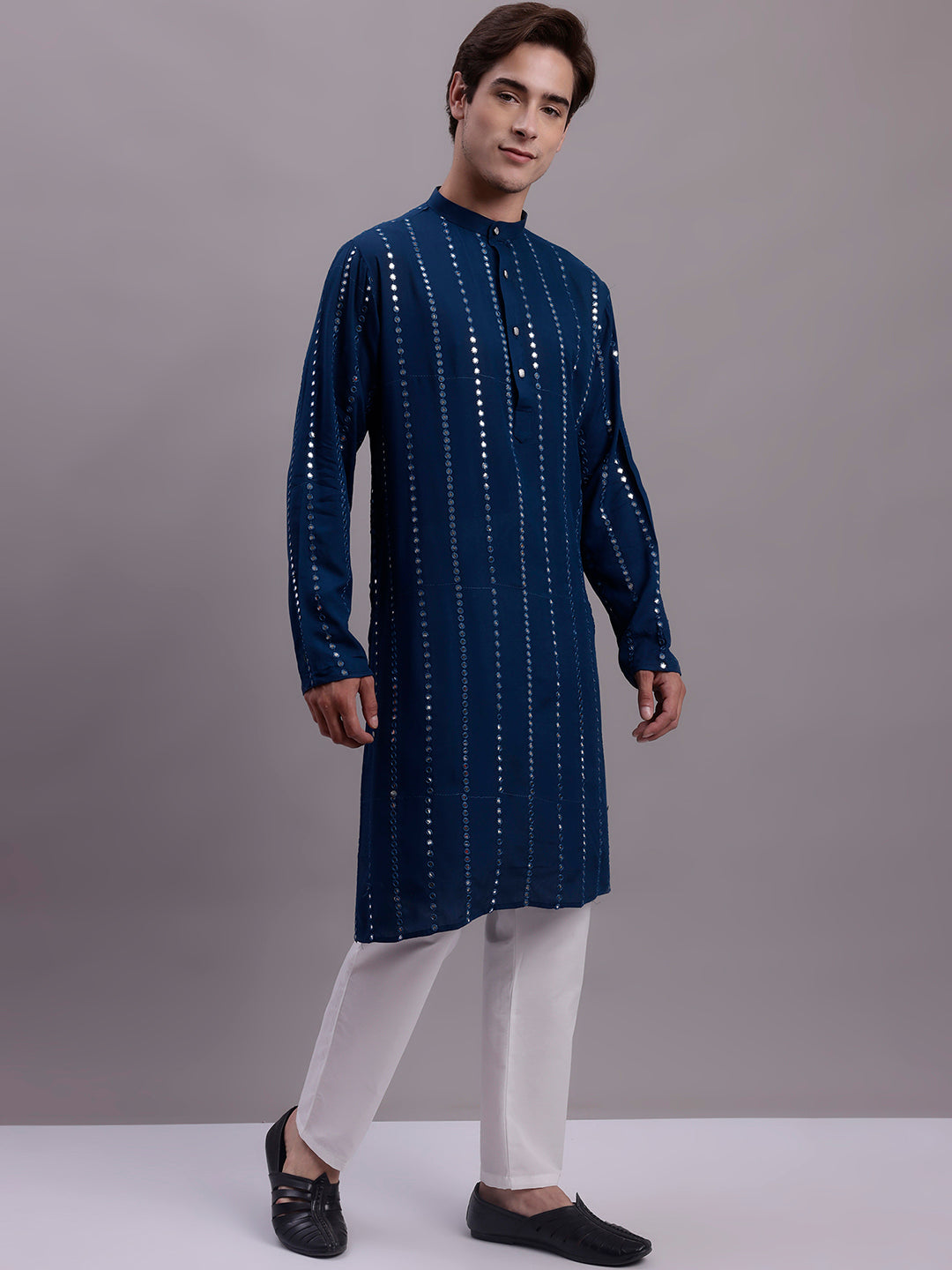 Jompers Men's Embroidered Mirror Work Kurta Payjama Sets - Peacock | Grocsy