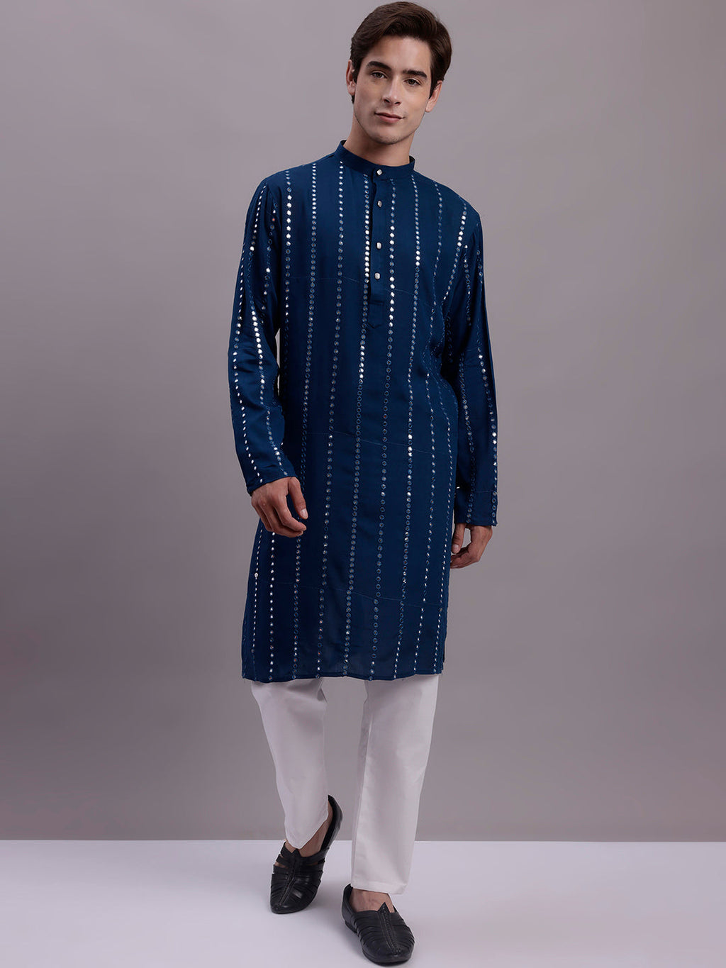 Jompers Men's Embroidered Mirror Work Kurta Payjama Sets - Peacock | Grocsy
