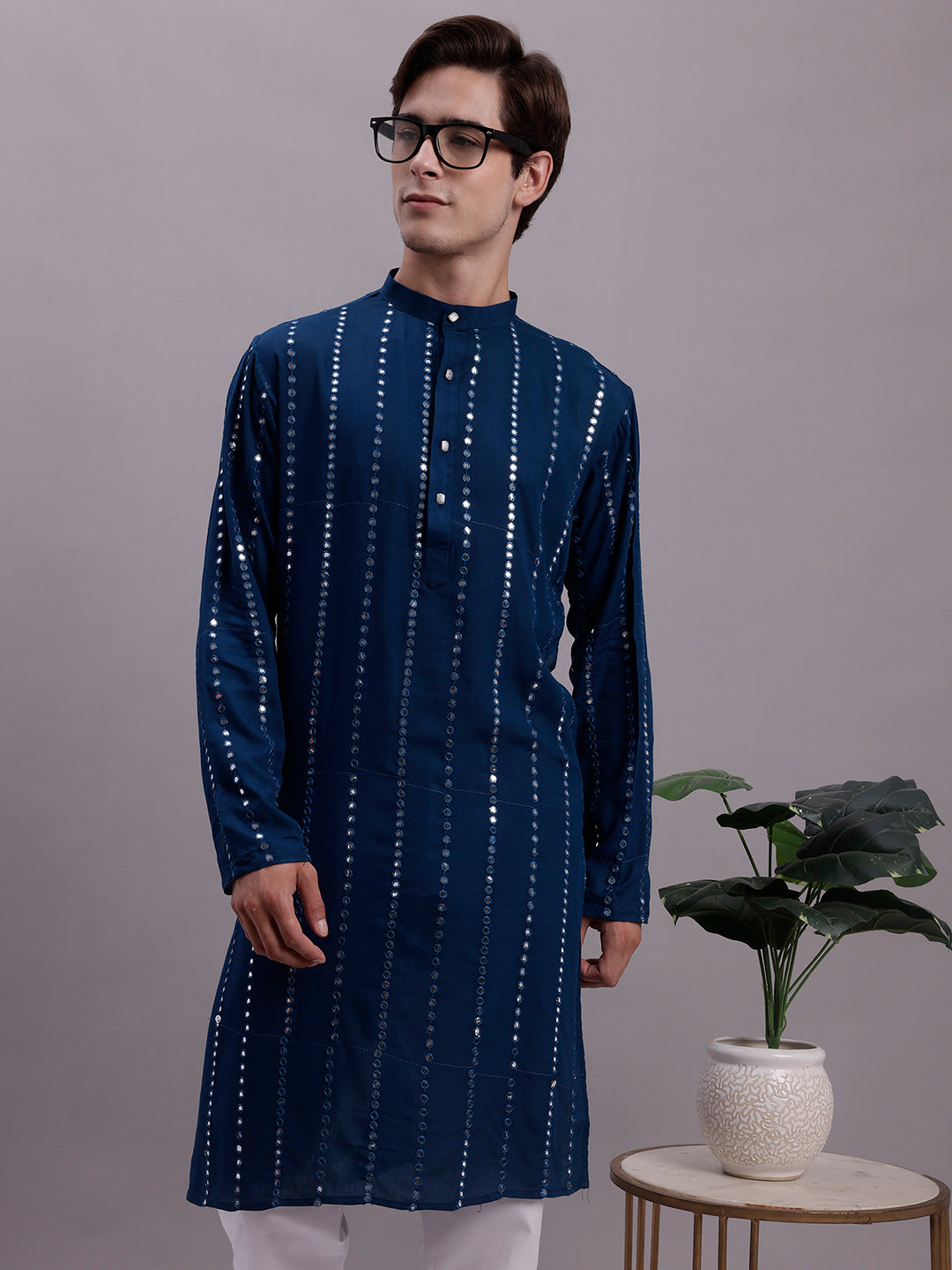 Jompers Men's Embroidered Mirror Work Kurta Payjama Sets - Peacock | Grocsy