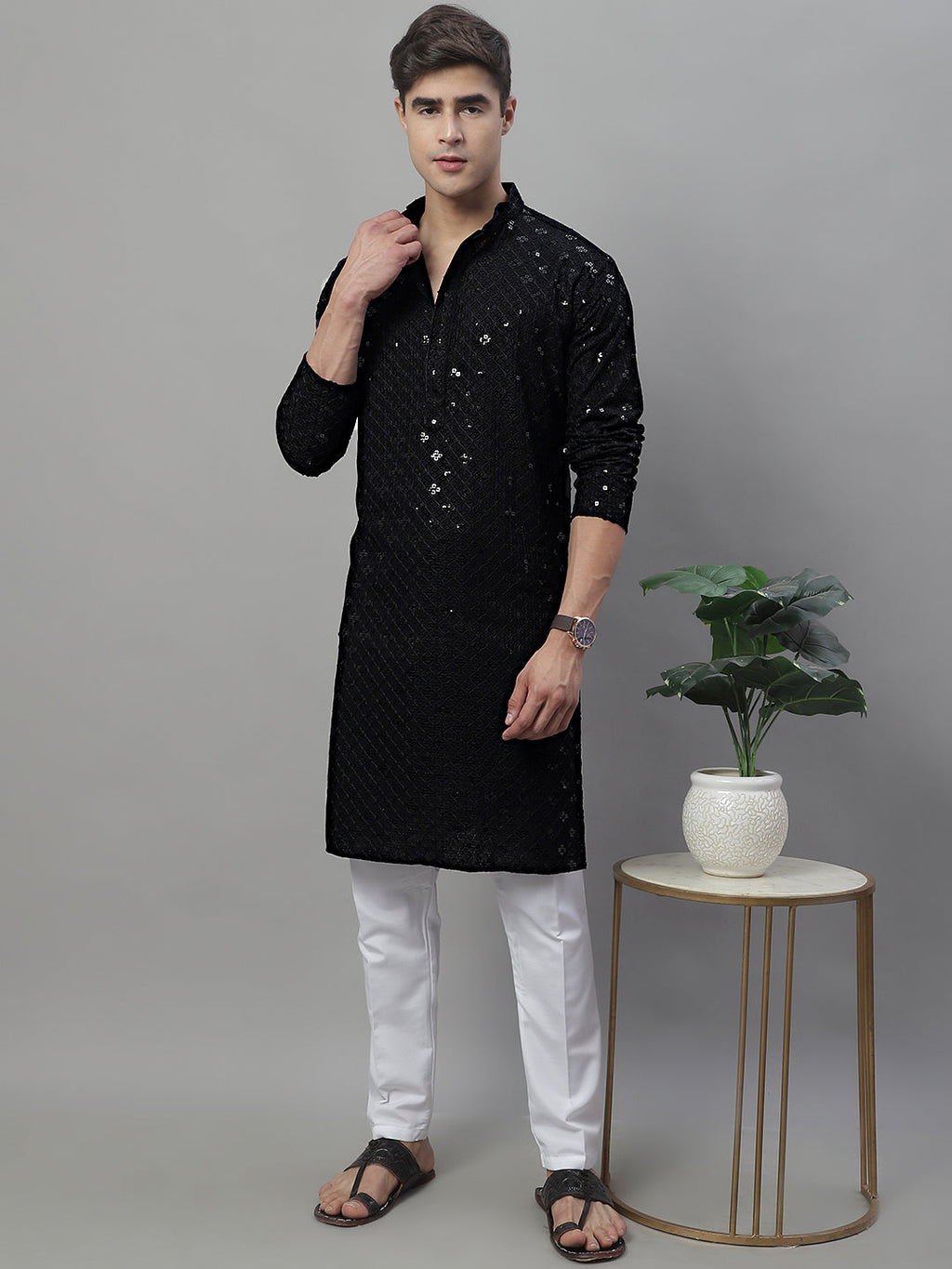 Jompers Men's Black Chikankari Embroidered and Sequence Kurta with Pyjama | Grocsy