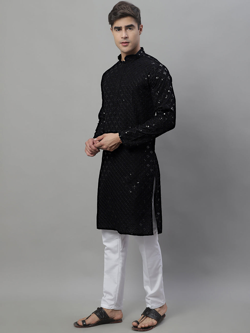 Jompers Men's Black Chikankari Embroidered and Sequence Kurta with Pyjama | Grocsy