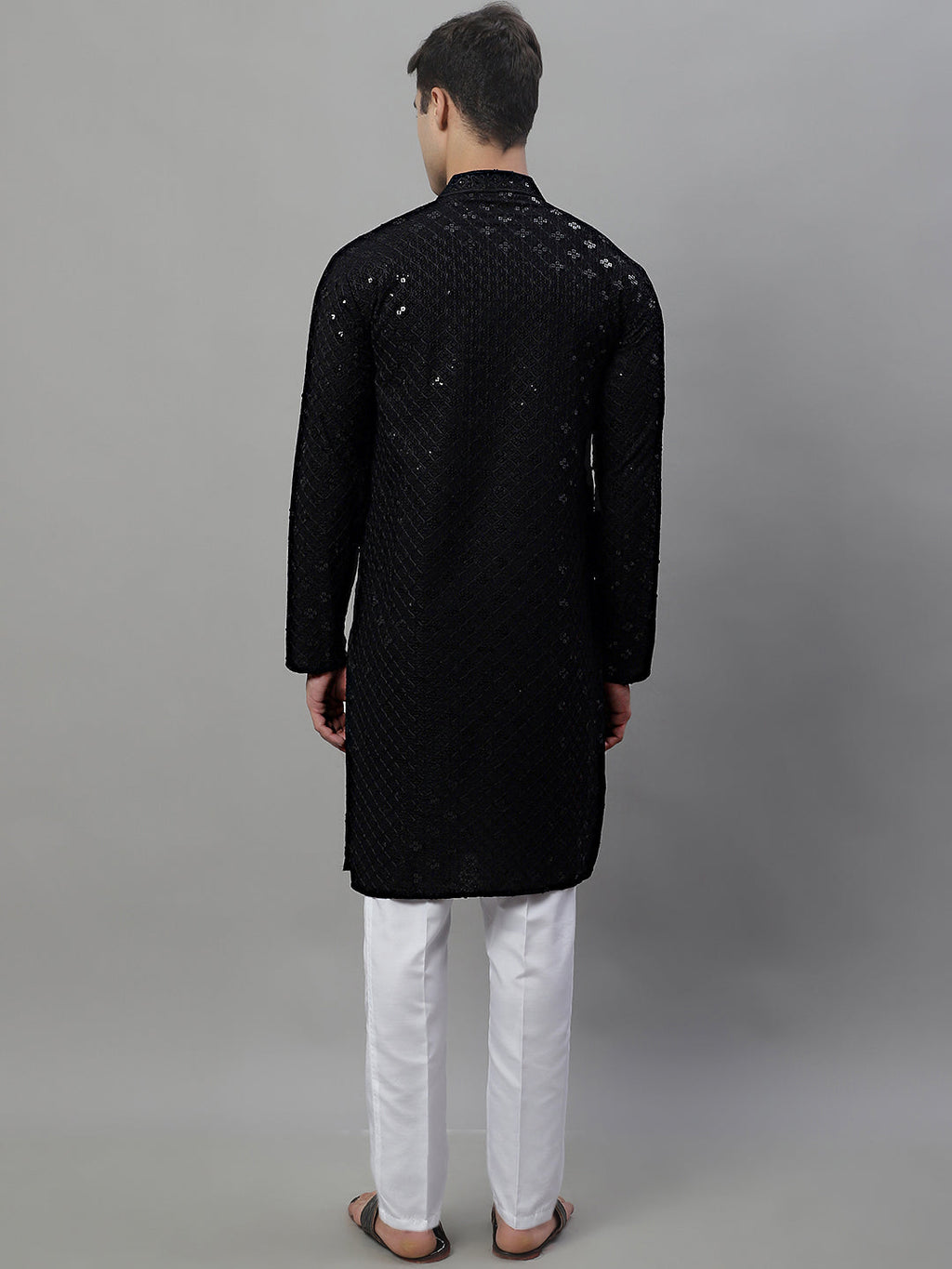 Jompers Men's Black Chikankari Embroidered and Sequence Kurta with Pyjama | Grocsy