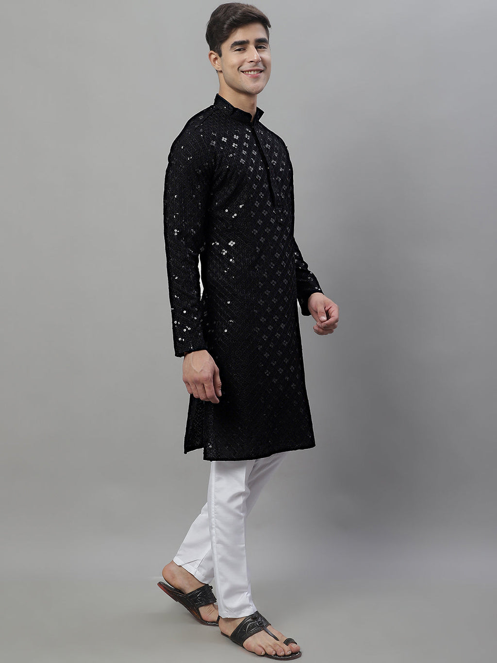 Jompers Men's Black Chikankari Embroidered and Sequence Kurta with Pyjama | Grocsy