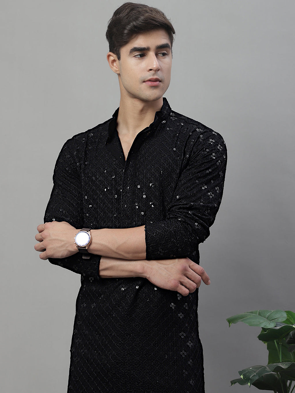 Jompers Men's Black Chikankari Embroidered and Sequence Kurta with Pyjama | Grocsy