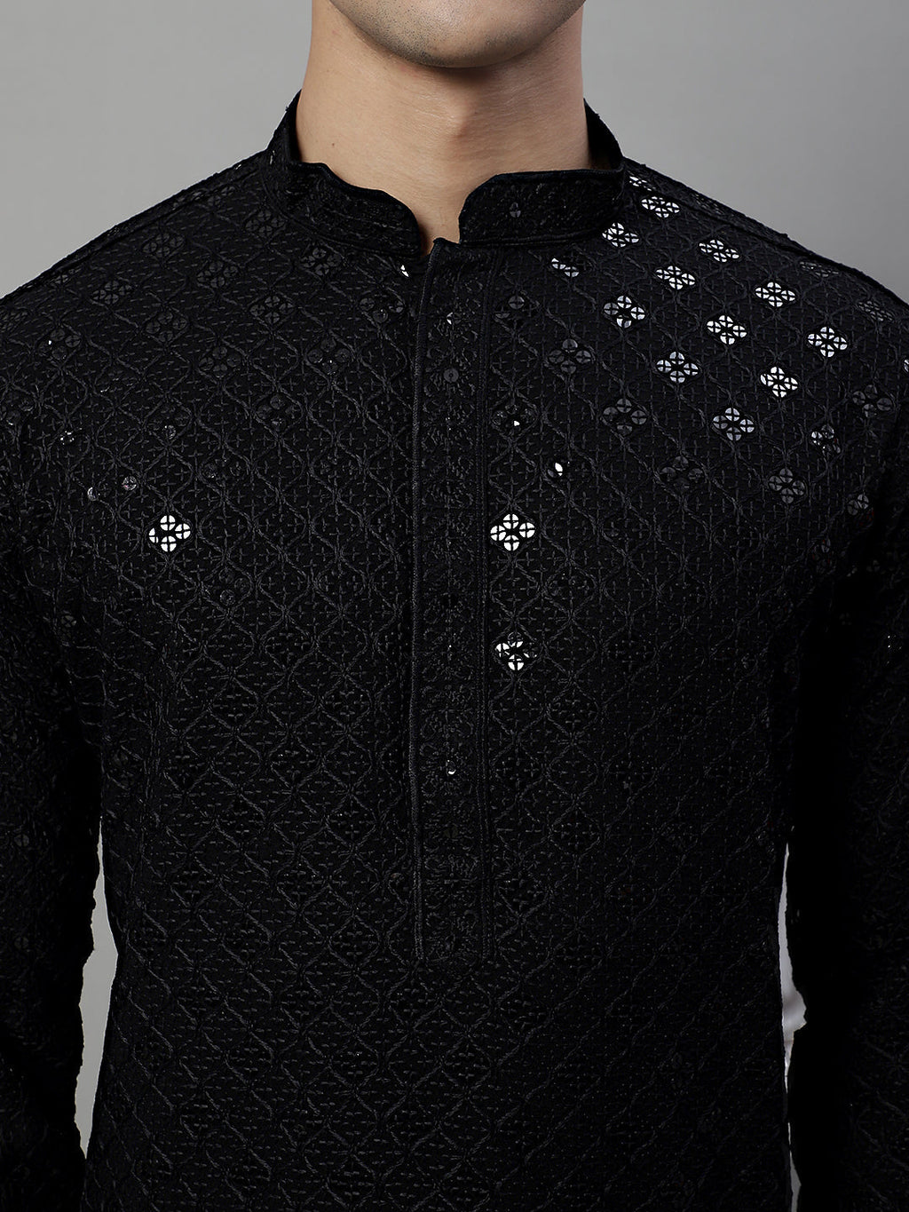 Jompers Men's Black Chikankari Embroidered and Sequence Kurta with Pyjama | Grocsy