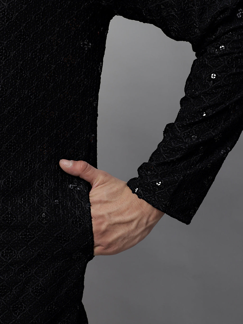 Jompers Men's Black Chikankari Embroidered and Sequence Kurta with Pyjama | Grocsy