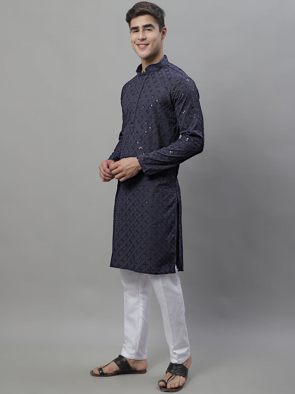 Jompers Men's Grey Chikankari Embroidered and Sequence Kurta with Pyjama | Grocsy
