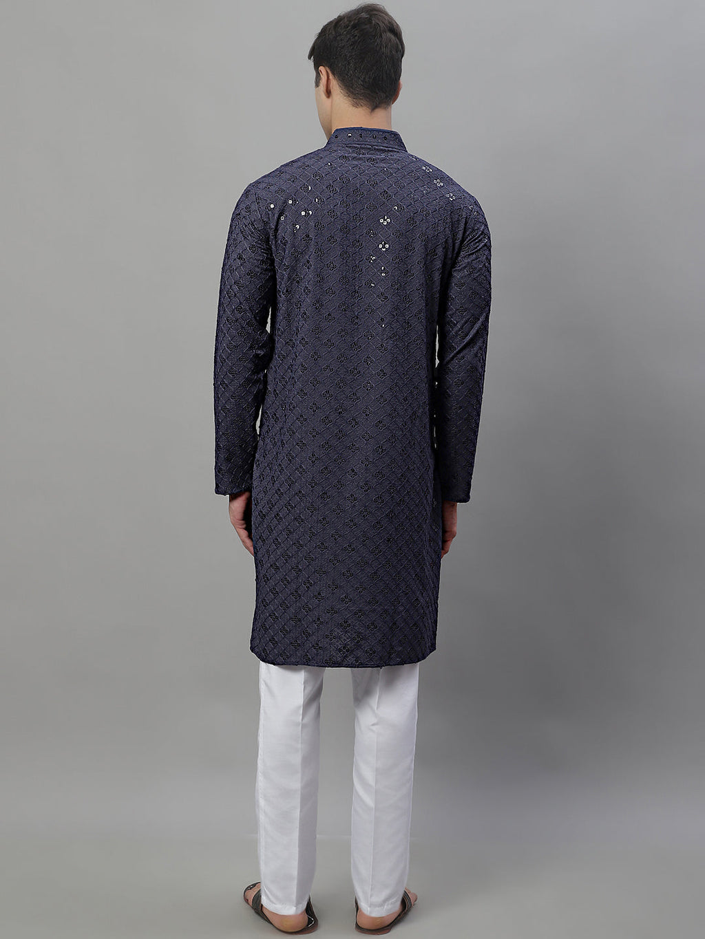 Jompers Men's Grey Chikankari Embroidered and Sequence Kurta with Pyjama | Grocsy